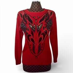 Vtg 80s Le Chois Red Abstract Sweater Size Small Silk Angora Blend Glam Retro